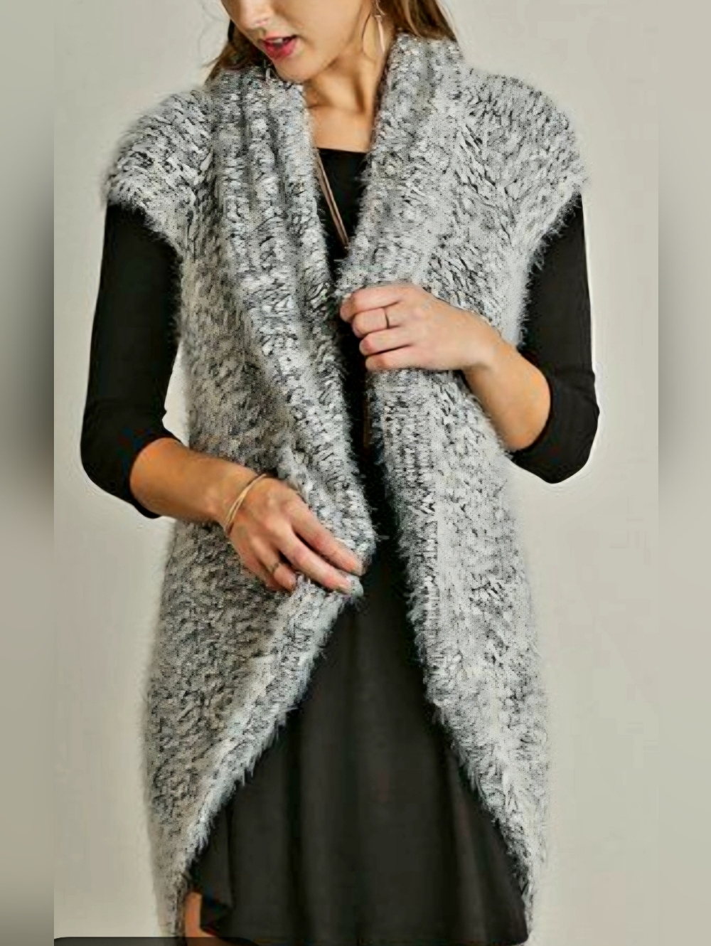 Umgee Cozy Textured Gray Fuzzy Open Front Vest